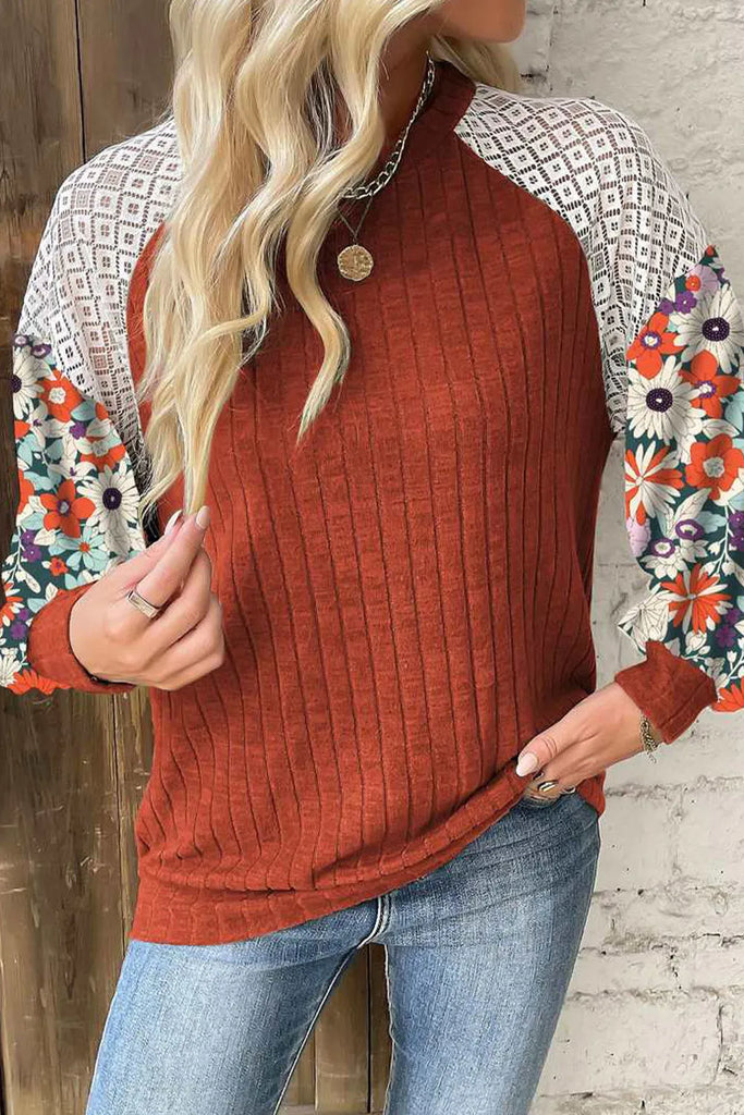 Printed Round Neck Long Sleeve Top-Timber Brooke Boutique, Online Women's Fashion Boutique in Amarillo, Texas