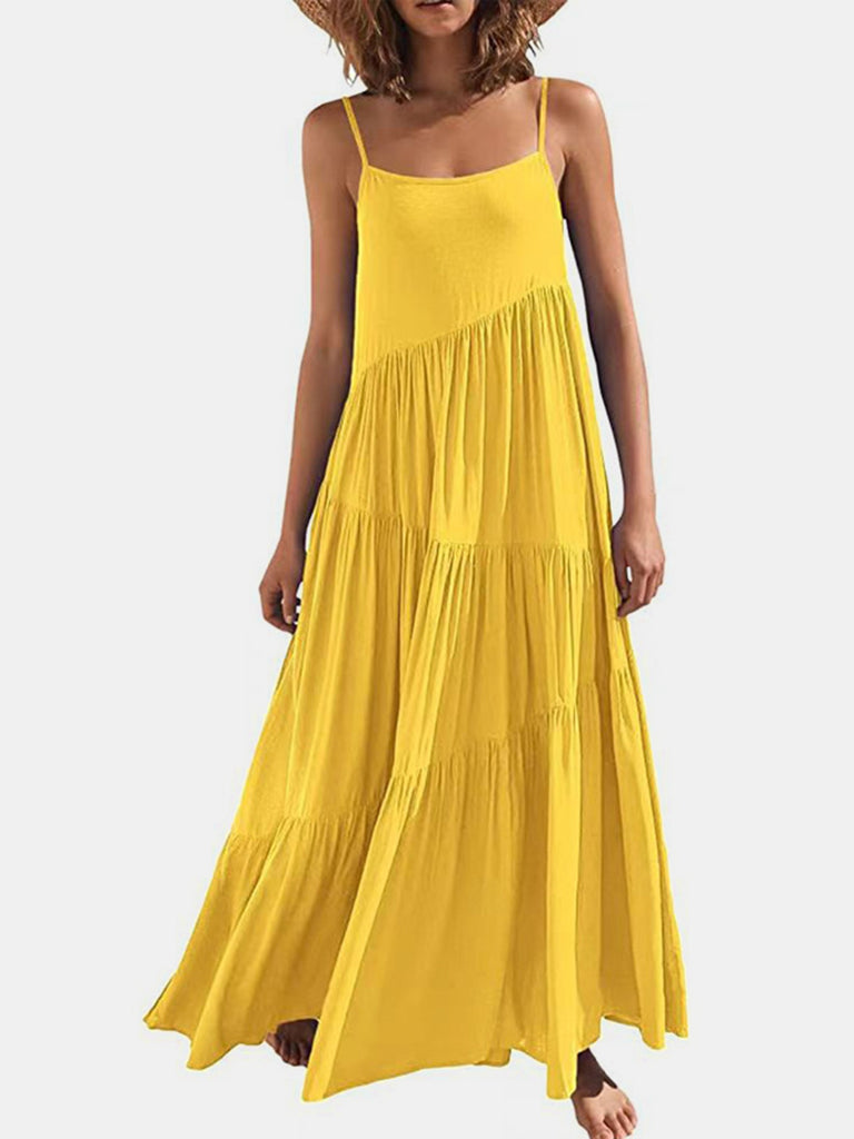 Full Size Ruched Tiered Spaghetti Strap Dress-Timber Brooke Boutique, Online Women's Fashion Boutique in Amarillo, Texas