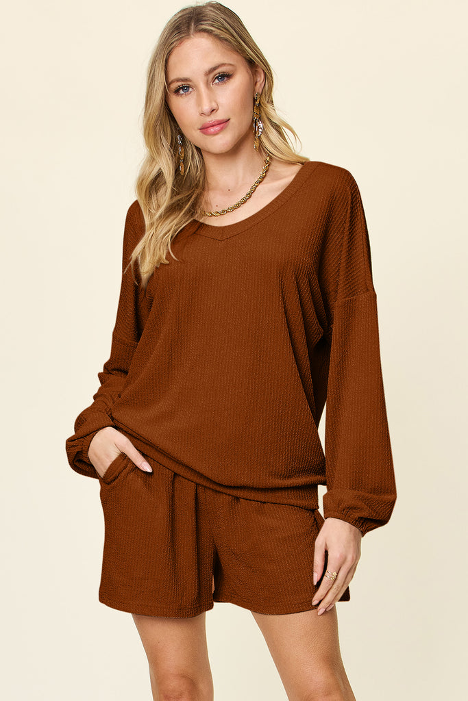 Double Take Full Size Texture V-Neck Long Sleeve T-Shirt and Shorts Set-Timber Brooke Boutique, Online Women's Fashion Boutique in Amarillo, Texas