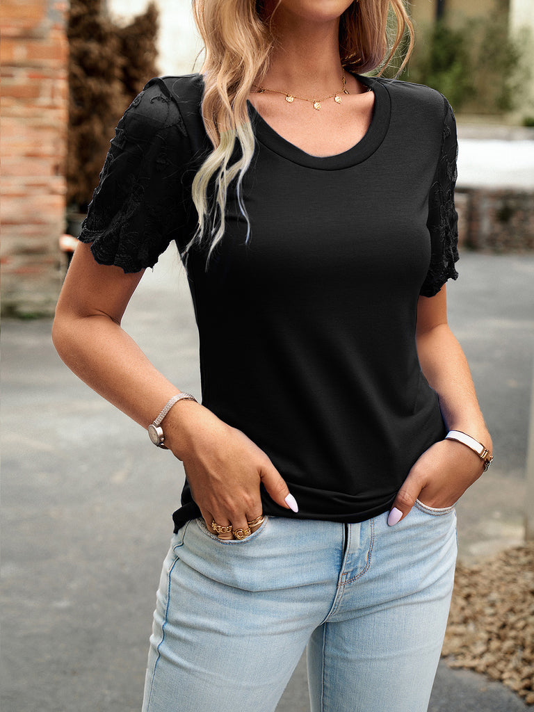 Lace Detail Round Neck Short Sleeve T-Shirt-Timber Brooke Boutique, Online Women's Fashion Boutique in Amarillo, Texas