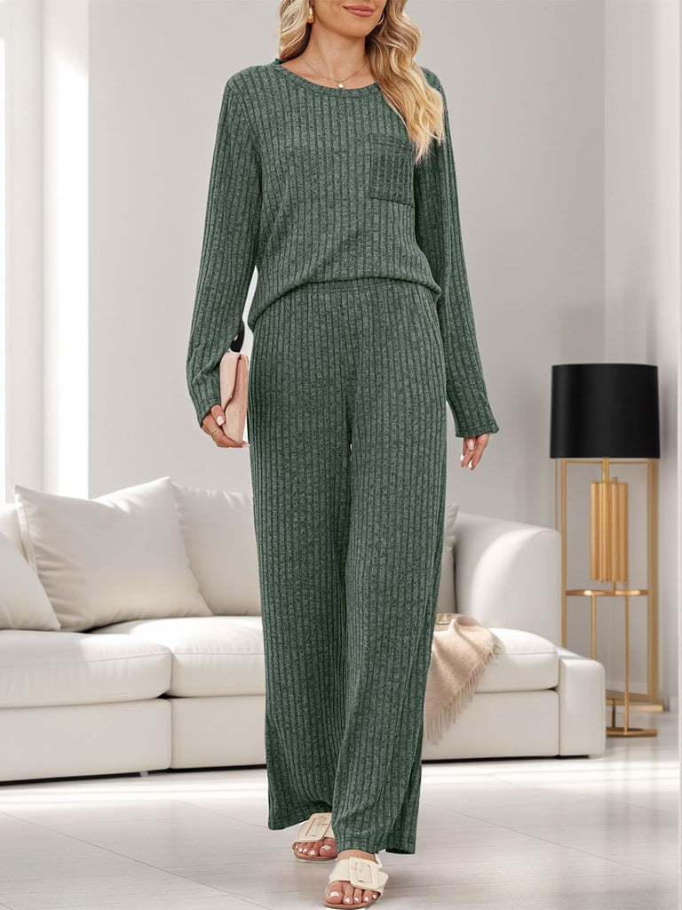 Round Neck Long Sleeve Top and Pants Set-Timber Brooke Boutique, Online Women's Fashion Boutique in Amarillo, Texas