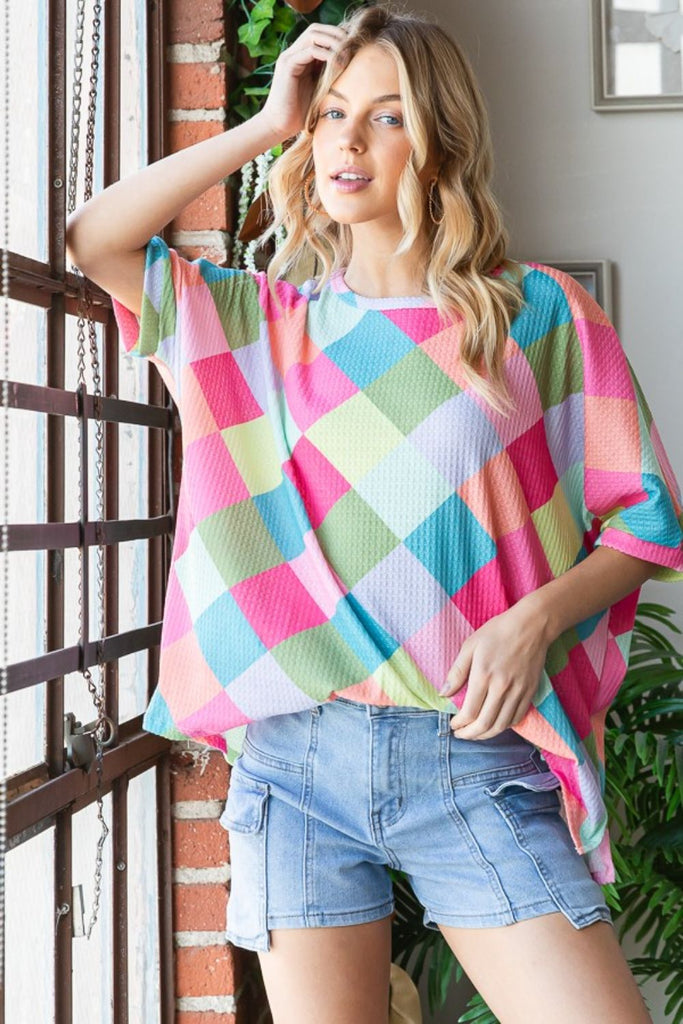 HOPELY Color Block Waffle Oversized T-Shirt-Timber Brooke Boutique, Online Women's Fashion Boutique in Amarillo, Texas