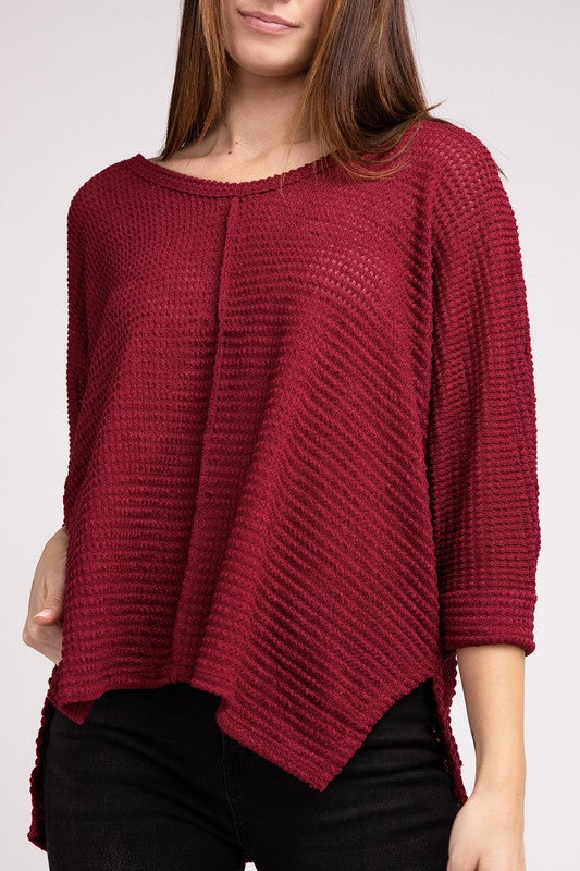 3/4 Sleeve V-Neck Hi-Low Hem Jacquard Sweater-Timber Brooke Boutique, Online Women's Fashion Boutique in Amarillo, Texas