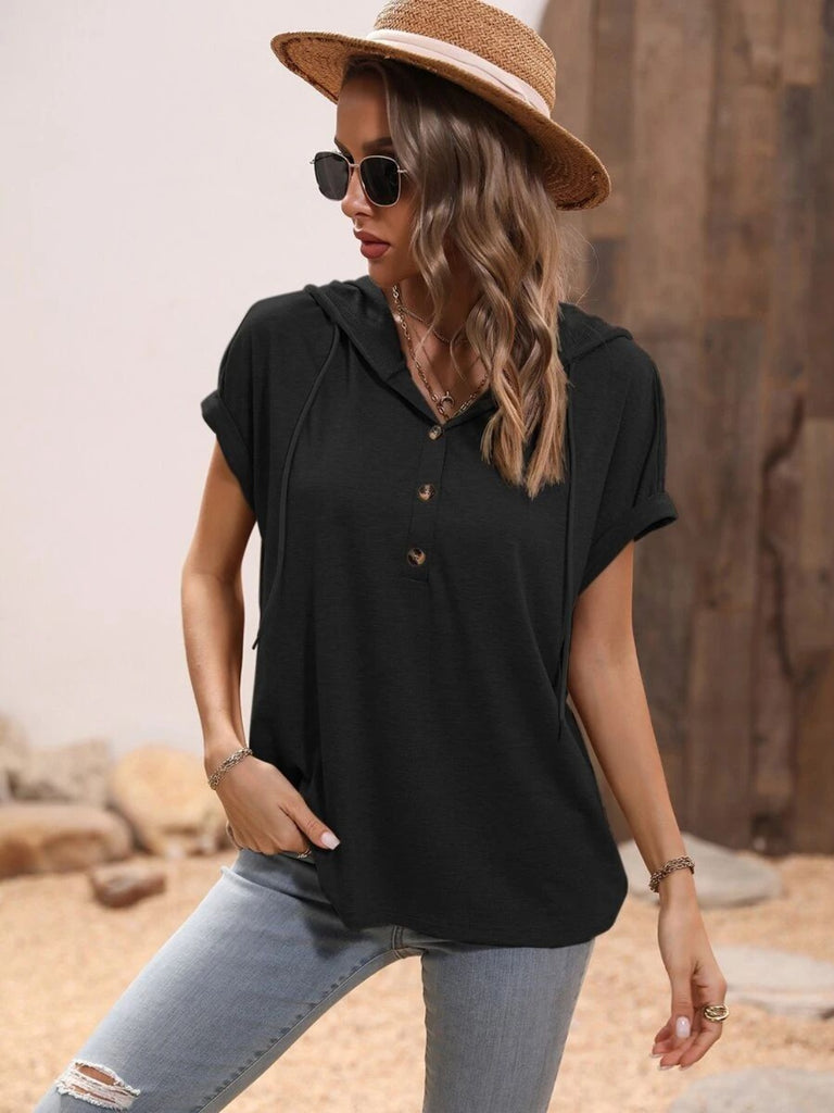Half Button Hooded Short Sleeve Blouse-Timber Brooke Boutique, Online Women's Fashion Boutique in Amarillo, Texas