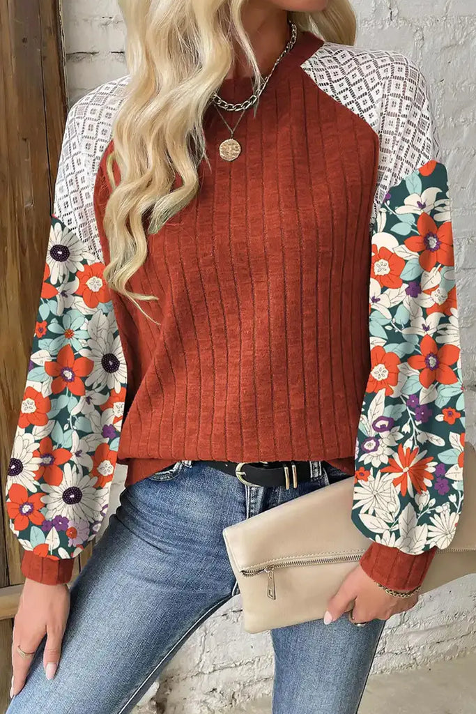 Printed Round Neck Long Sleeve Top-Timber Brooke Boutique, Online Women's Fashion Boutique in Amarillo, Texas