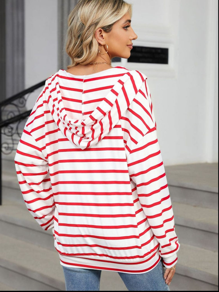 Drawstring Striped Long Sleeve Hoodie-Timber Brooke Boutique, Online Women's Fashion Boutique in Amarillo, Texas