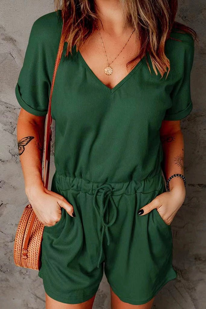 Full Size Drawstring V-Neck Short Sleeve Romper-Timber Brooke Boutique, Online Women's Fashion Boutique in Amarillo, Texas