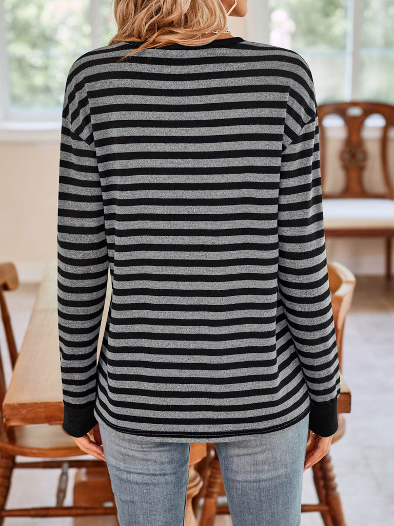 Striped Round Neck Long Sleeve T-Shirt-Timber Brooke Boutique, Online Women's Fashion Boutique in Amarillo, Texas