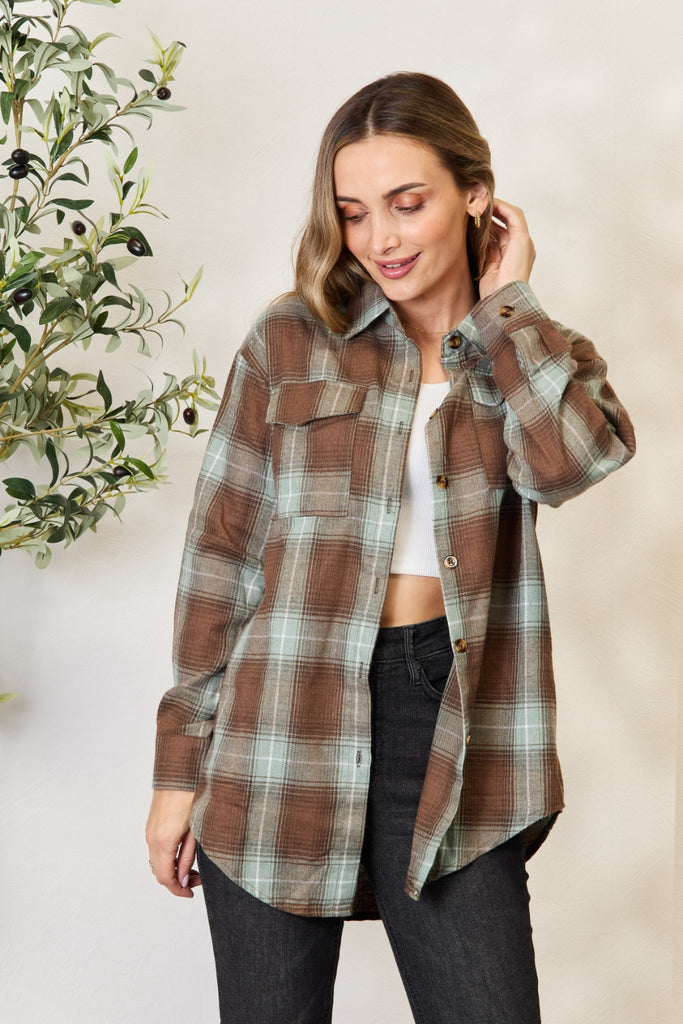 Double Take Plaid Dropped Shoulder Shirt-Long Sleeve Tops-Timber Brooke Boutique, Online Women's Fashion Boutique in Amarillo, Texas