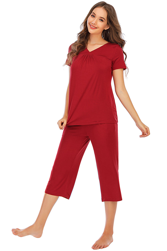 V-Neck Short Sleeve Top and Pants Lounge Set-Timber Brooke Boutique, Online Women's Fashion Boutique in Amarillo, Texas