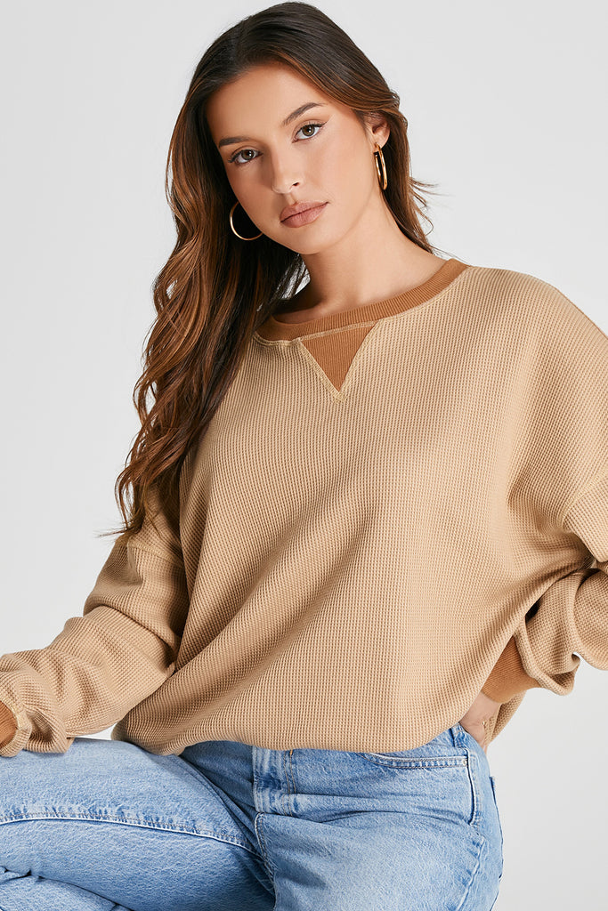 Waffle-Knit Long Sleeve Sweatshirt-Timber Brooke Boutique, Online Women's Fashion Boutique in Amarillo, Texas