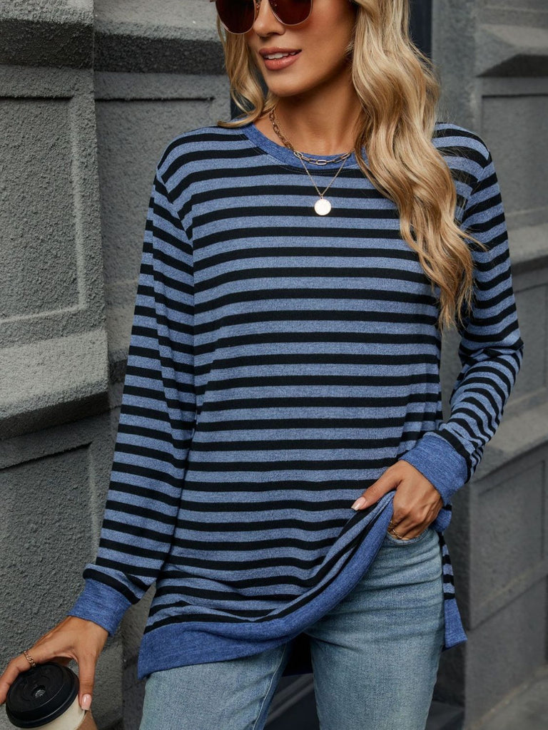 Striped Round Neck Long Sleeve T-Shirt-Timber Brooke Boutique, Online Women's Fashion Boutique in Amarillo, Texas