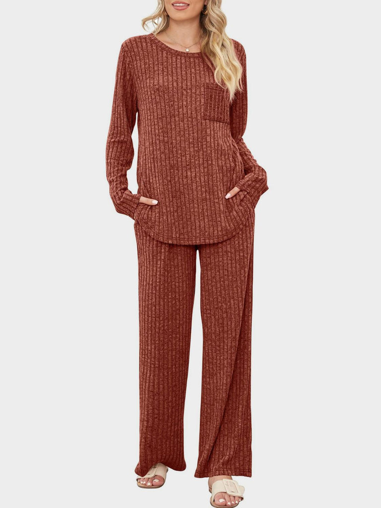 Round Neck Long Sleeve Top and Pants Set-Timber Brooke Boutique, Online Women's Fashion Boutique in Amarillo, Texas