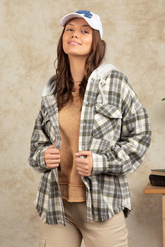 Stay In The Lead Olive Plaid Frayed Hoodie Jacket-Timber Brooke Boutique, Online Women's Fashion Boutique in Amarillo, Texas