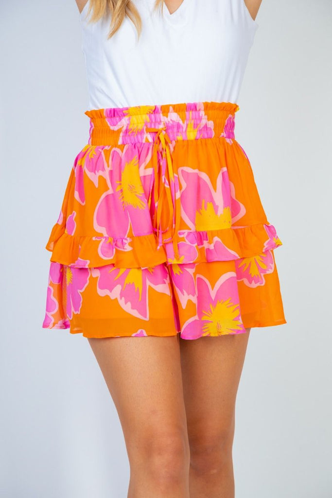 Tangerine Floral Shorts-White Birch-Timber Brooke Boutique, Online Women's Fashion Boutique in Amarillo, Texas