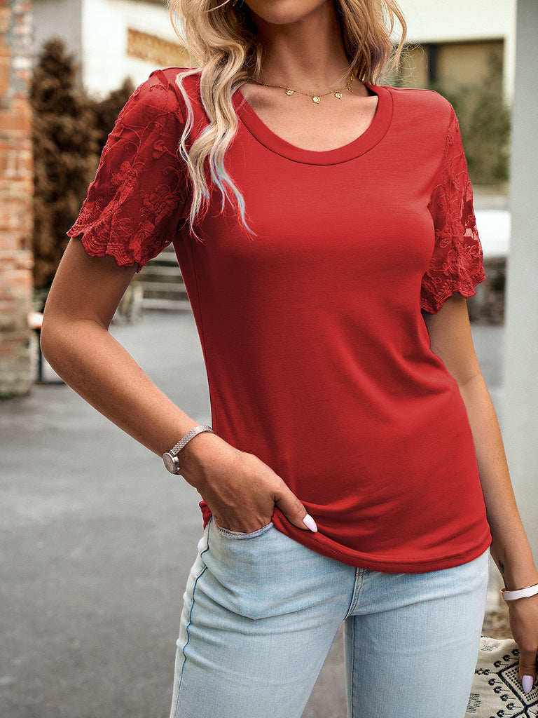 Lace Detail Round Neck Short Sleeve T-Shirt-Timber Brooke Boutique, Online Women's Fashion Boutique in Amarillo, Texas