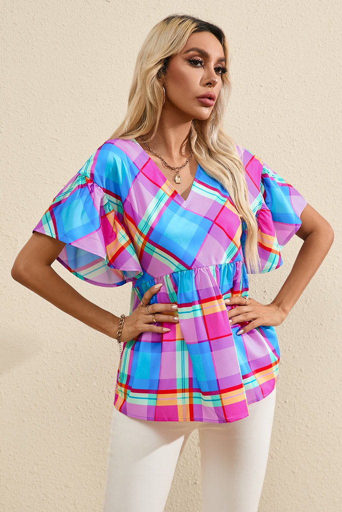 Plaid V-Neck Short Sleeve Blouse-Timber Brooke Boutique, Online Women's Fashion Boutique in Amarillo, Texas