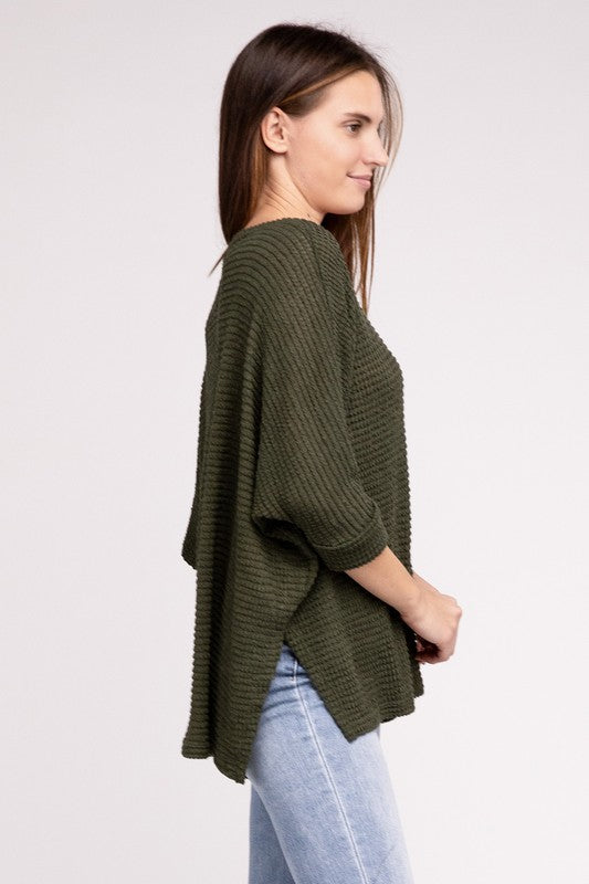 3/4 Sleeve V-Neck Hi-Low Hem Jacquard Sweater-Timber Brooke Boutique, Online Women's Fashion Boutique in Amarillo, Texas