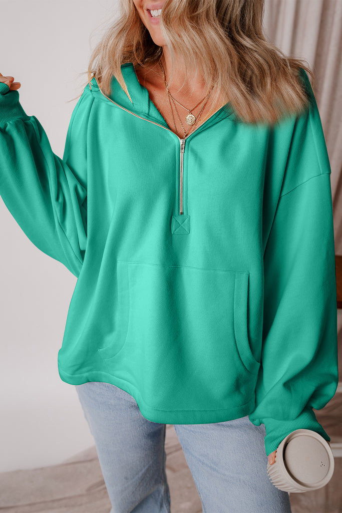 Pocketed Half Zip Dropped Shoulder Hoodie-Timber Brooke Boutique, Online Women's Fashion Boutique in Amarillo, Texas