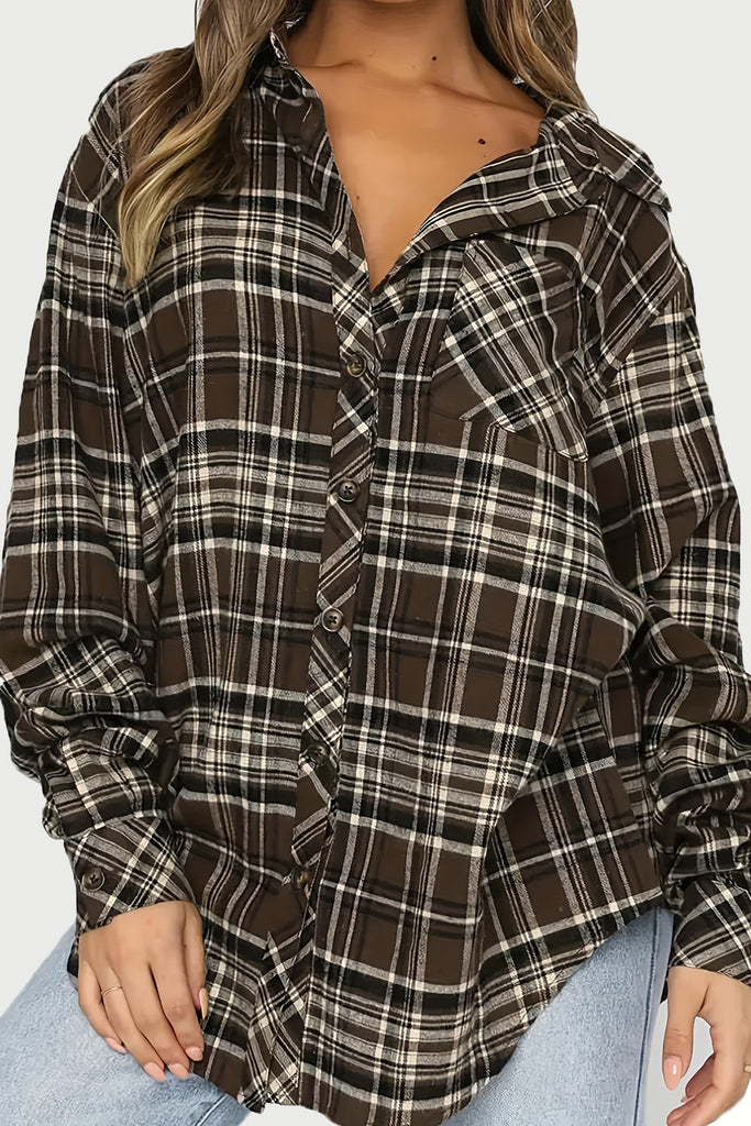 Plaid Collared Neck Long Sleeve Shirt-Timber Brooke Boutique, Online Women's Fashion Boutique in Amarillo, Texas