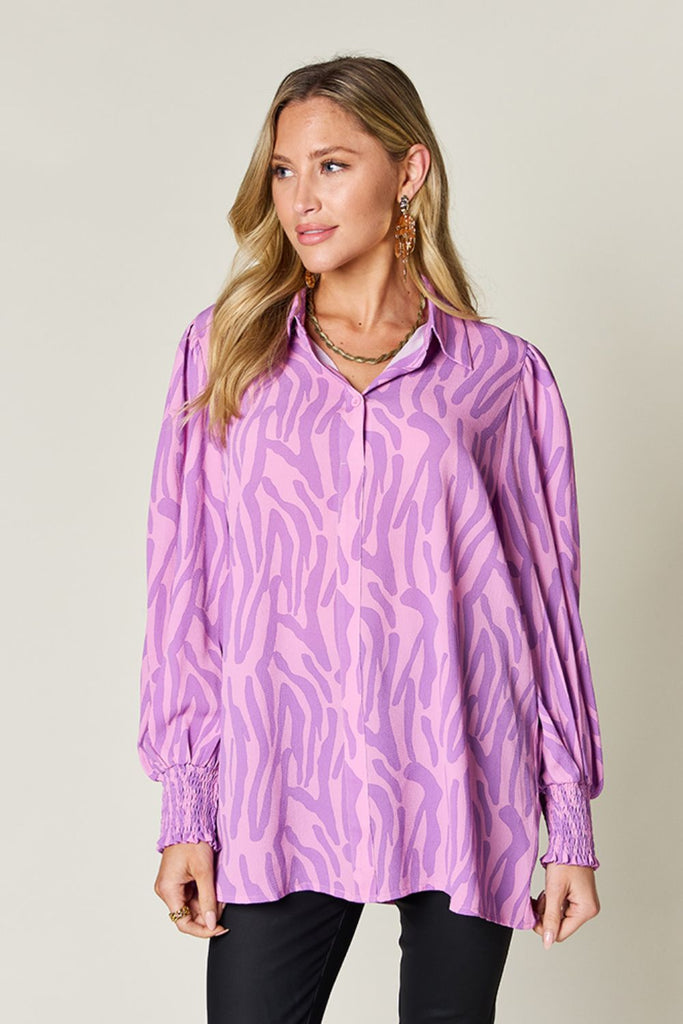 Double Take Full Size Printed Smocked Long Sleeve Blouse-Timber Brooke Boutique, Online Women's Fashion Boutique in Amarillo, Texas