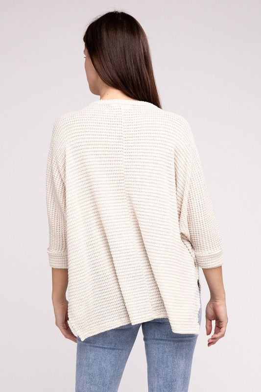 3/4 Sleeve V-Neck Hi-Low Hem Jacquard Sweater-Timber Brooke Boutique, Online Women's Fashion Boutique in Amarillo, Texas