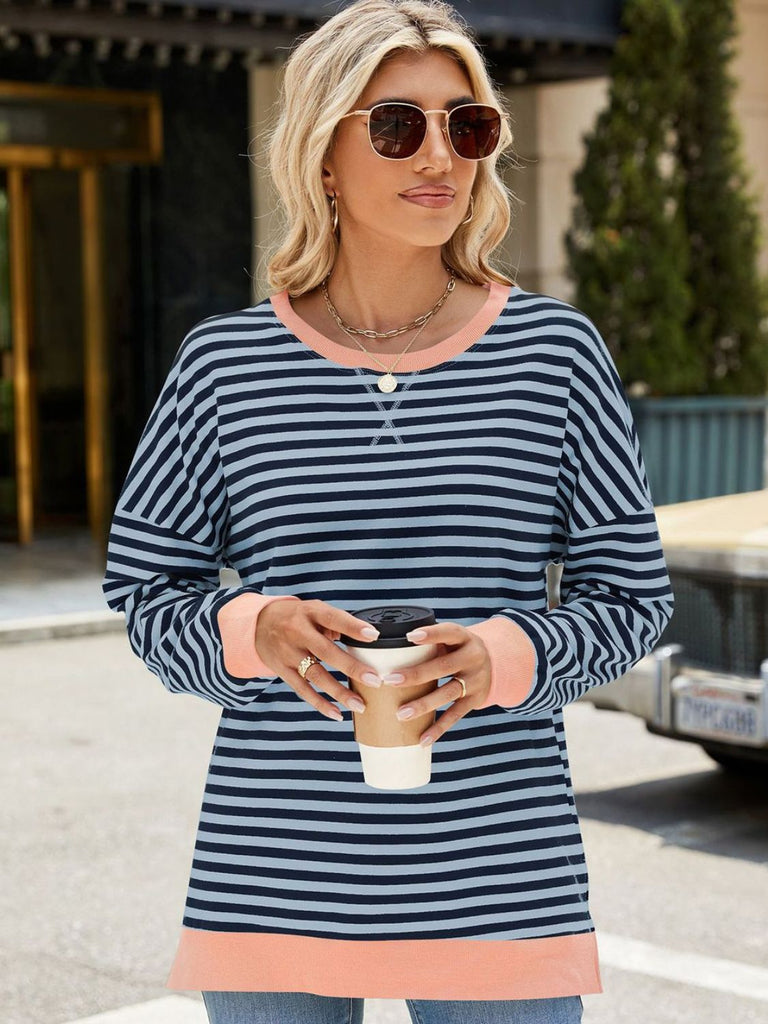 Slit Striped Round Neck Long Sleeve Sweatshirt-Timber Brooke Boutique, Online Women's Fashion Boutique in Amarillo, Texas