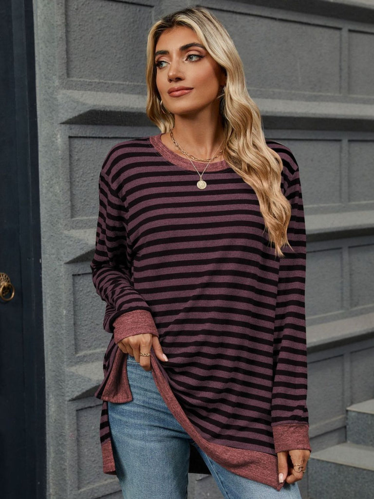 Striped Round Neck Long Sleeve T-Shirt-Timber Brooke Boutique, Online Women's Fashion Boutique in Amarillo, Texas