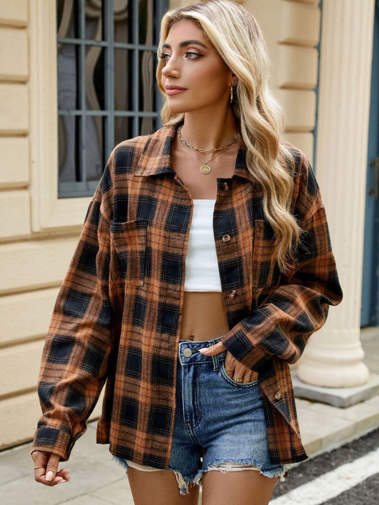 Plaid Collared Neck Long Sleeve Shirt-Timber Brooke Boutique, Online Women's Fashion Boutique in Amarillo, Texas