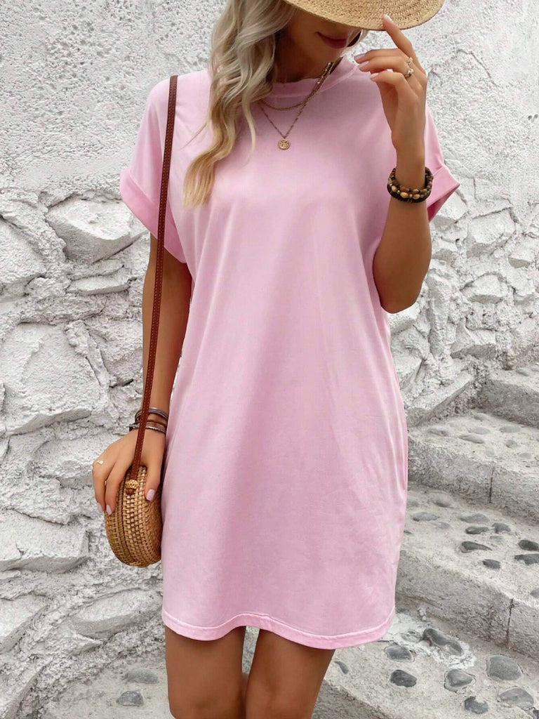 Round Neck Short Sleeve Mini Dress-Timber Brooke Boutique, Online Women's Fashion Boutique in Amarillo, Texas