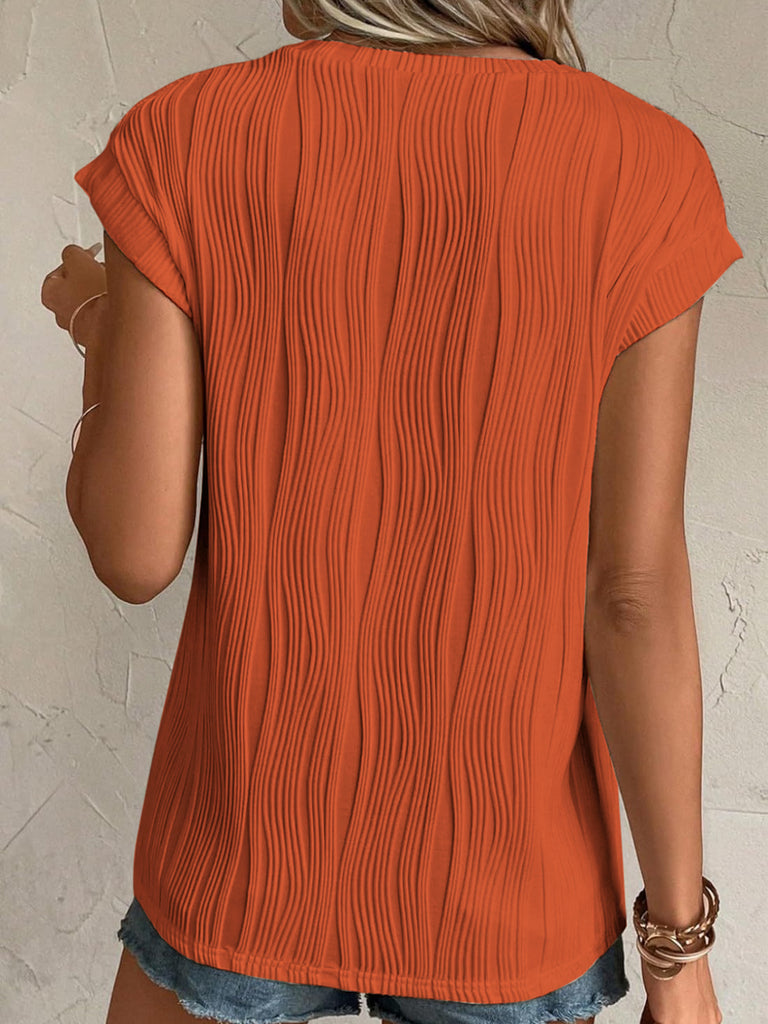 Textured Round Neck Cap Sleeve T-Shirt-Timber Brooke Boutique, Online Women's Fashion Boutique in Amarillo, Texas