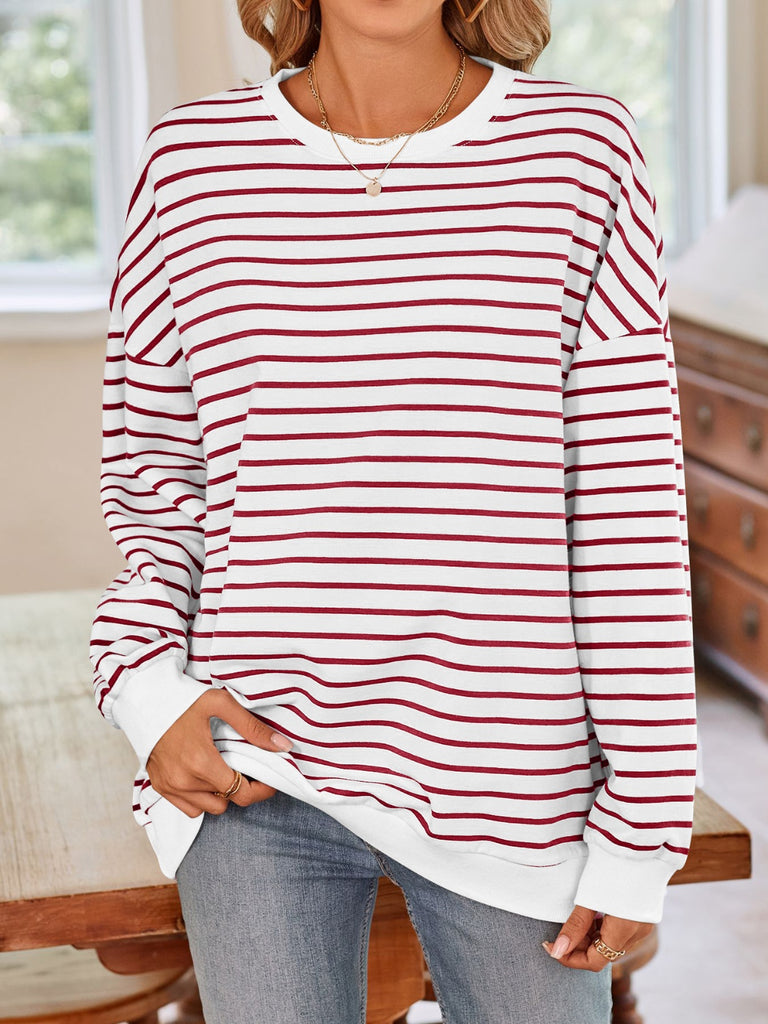 Striped Round Neck Long Sleeve Sweatshirt-Timber Brooke Boutique, Online Women's Fashion Boutique in Amarillo, Texas