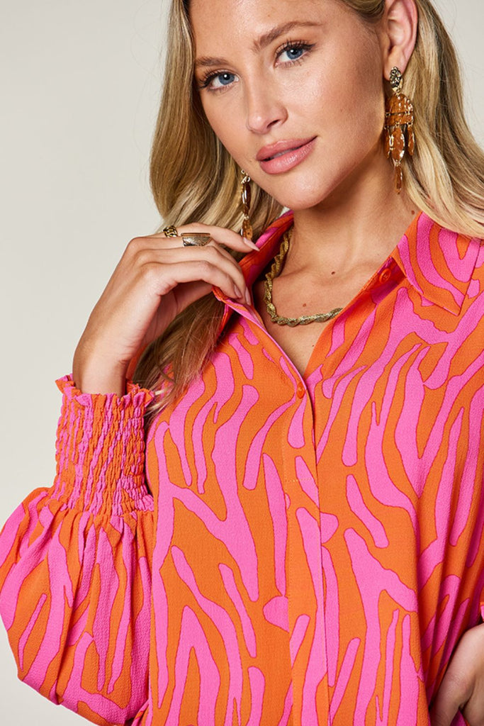 Double Take Full Size Printed Smocked Long Sleeve Blouse-Timber Brooke Boutique, Online Women's Fashion Boutique in Amarillo, Texas