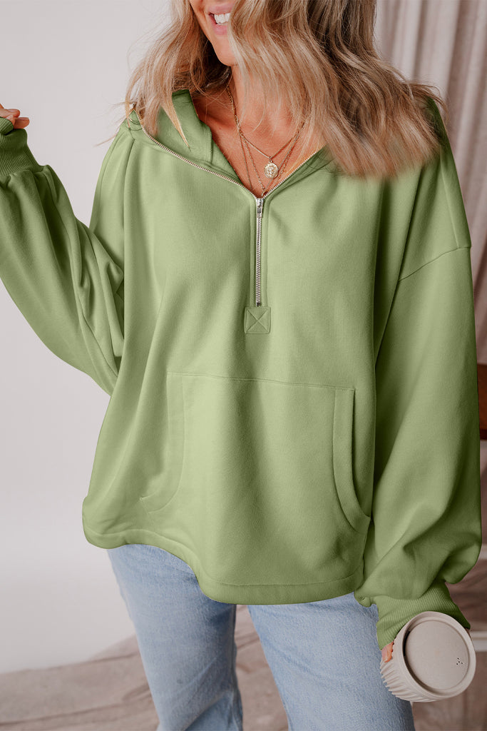 Pocketed Half Zip Dropped Shoulder Hoodie-Timber Brooke Boutique, Online Women's Fashion Boutique in Amarillo, Texas