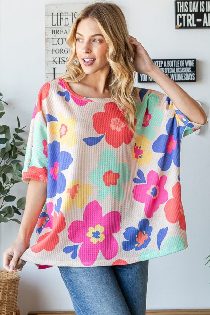 HOPELY Floral Waffle Oversize T-Shirt-Timber Brooke Boutique, Online Women's Fashion Boutique in Amarillo, Texas