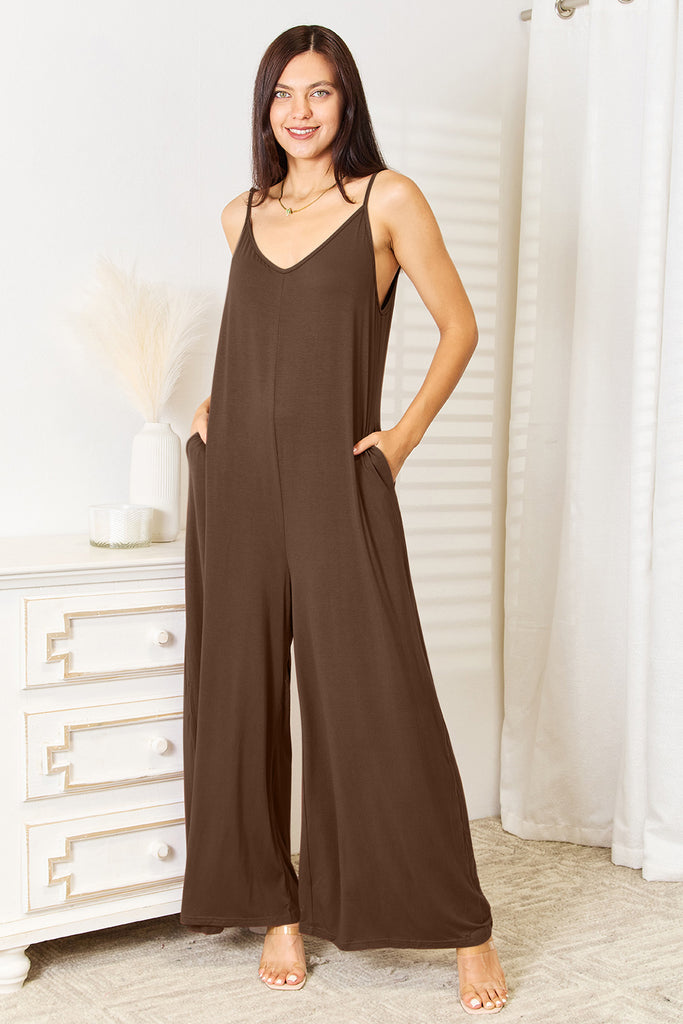 Double Take Full Size Soft Rayon Spaghetti Strap Tied Wide Leg Jumpsuit-Jumpsuits and Rompers-Timber Brooke Boutique, Online Women's Fashion Boutique in Amarillo, Texas