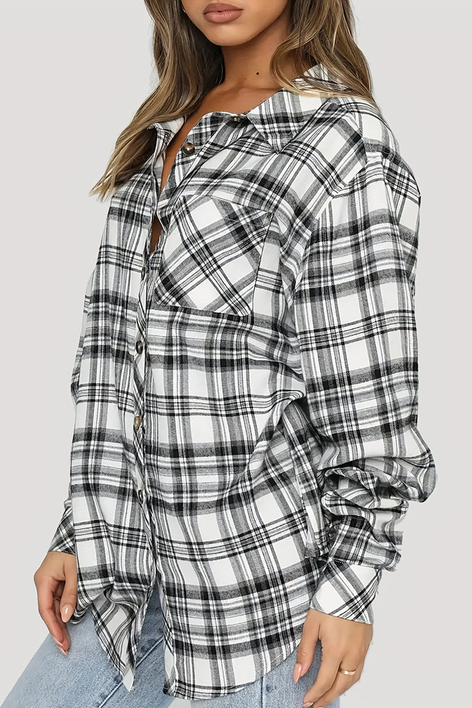 Plaid Collared Neck Long Sleeve Shirt-Timber Brooke Boutique, Online Women's Fashion Boutique in Amarillo, Texas