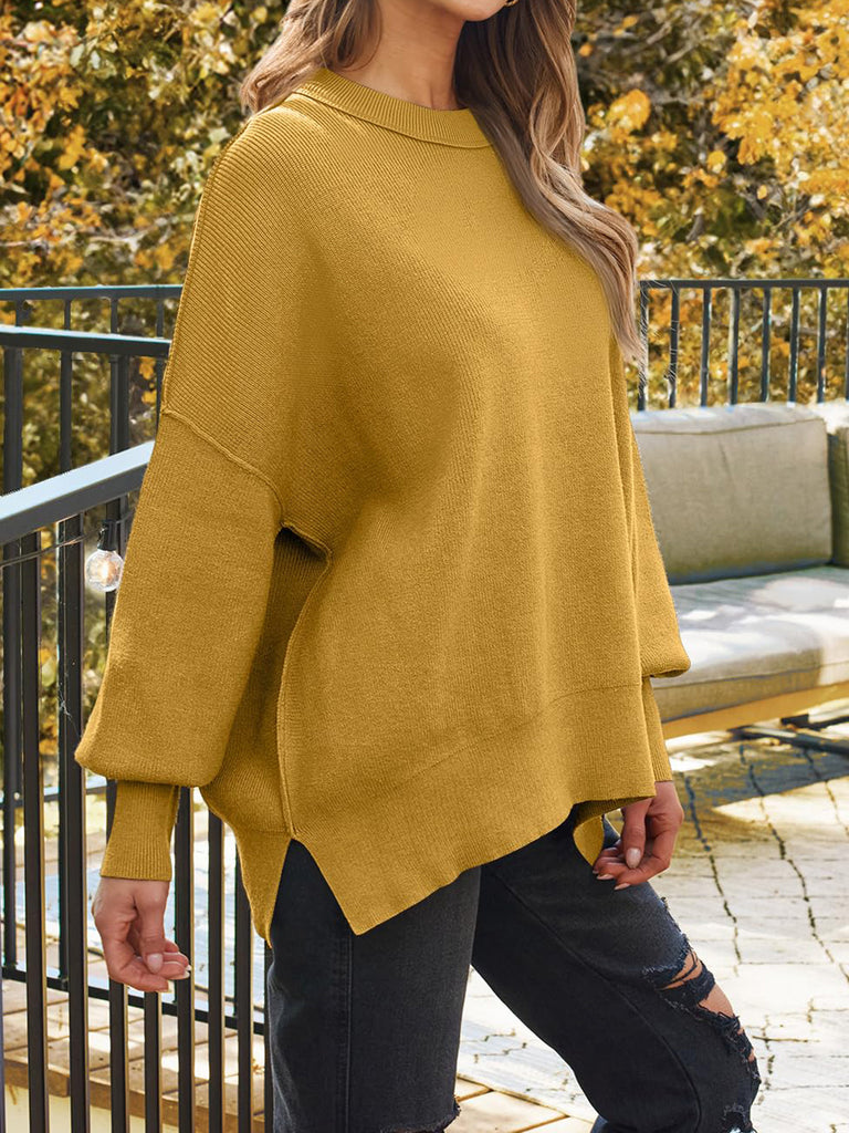 Slit Round Neck Dropped Shoulder Sweater-Timber Brooke Boutique, Online Women's Fashion Boutique in Amarillo, Texas