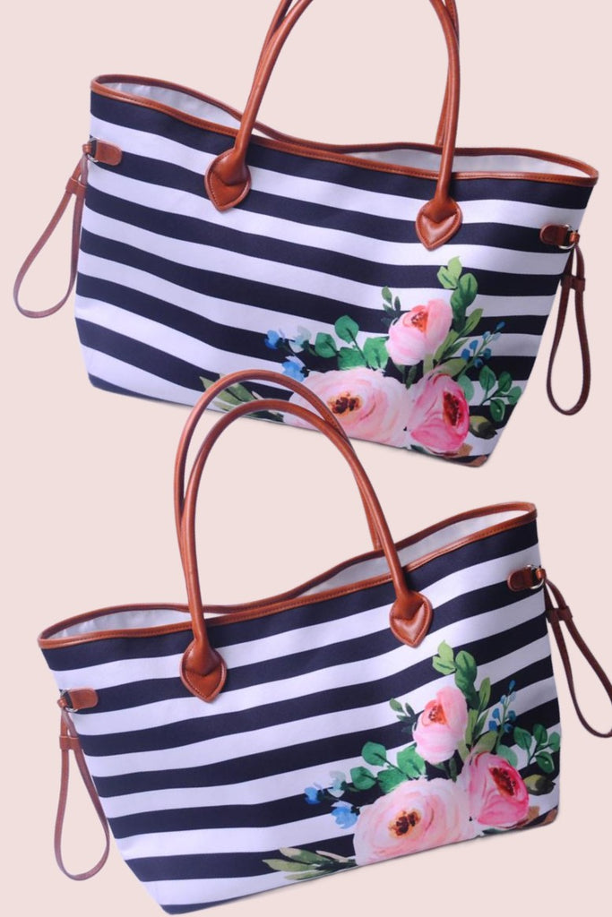 Floral Stripe Tote Travel Bag-Crossbody Bags-Timber Brooke Boutique, Online Women's Fashion Boutique in Amarillo, Texas