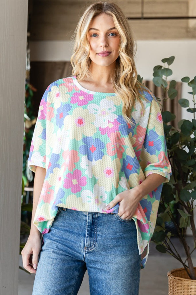 HOPELY Floral Waffle Oversized T-Shirt-Timber Brooke Boutique, Online Women's Fashion Boutique in Amarillo, Texas