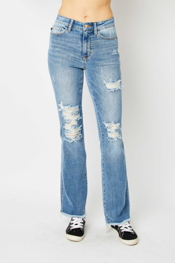 Judy Blue Full Size Distressed Raw Hem Bootcut Jeans-Timber Brooke Boutique, Online Women's Fashion Boutique in Amarillo, Texas