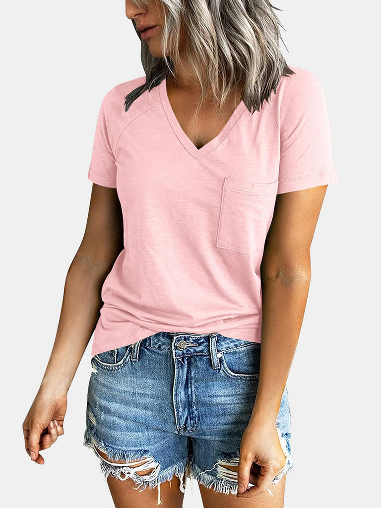 Pocketed V-Neck Short Sleeve T-Shirt-Timber Brooke Boutique, Online Women's Fashion Boutique in Amarillo, Texas