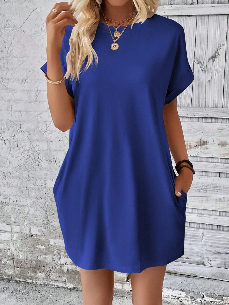 Round Neck Short Sleeve Mini Dress-Timber Brooke Boutique, Online Women's Fashion Boutique in Amarillo, Texas