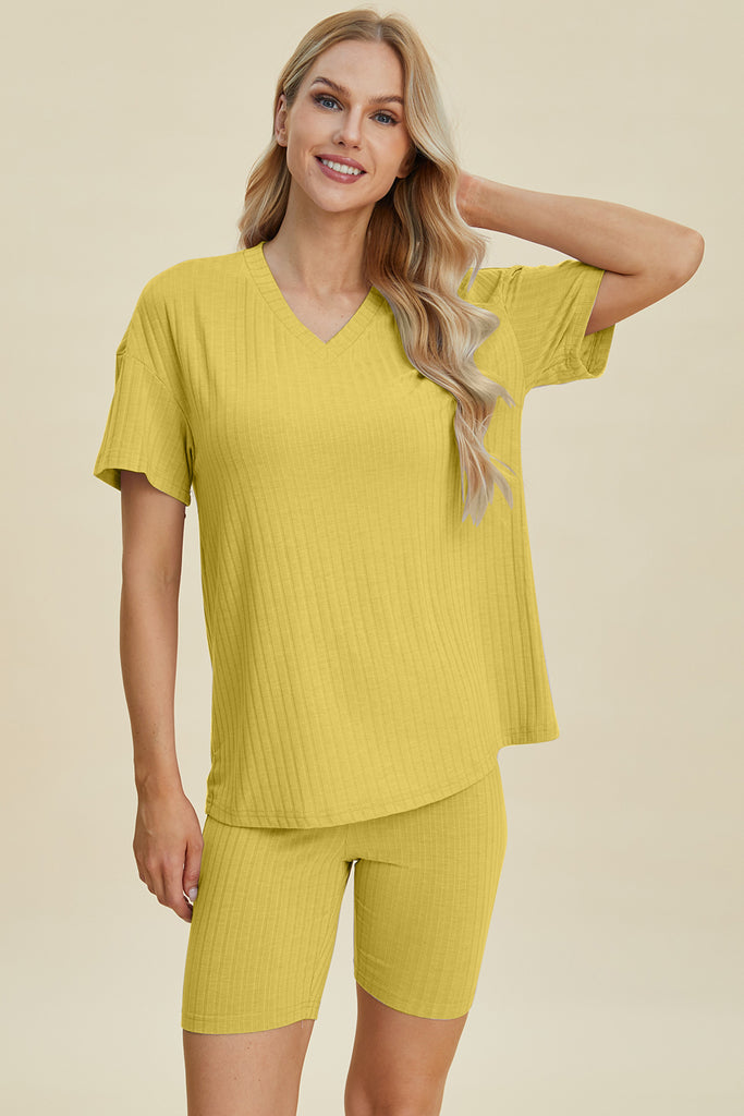 Basic Bae Full Size Ribbed V-Neck Short Sleeve Top and Shorts Set-Timber Brooke Boutique, Online Women's Fashion Boutique in Amarillo, Texas