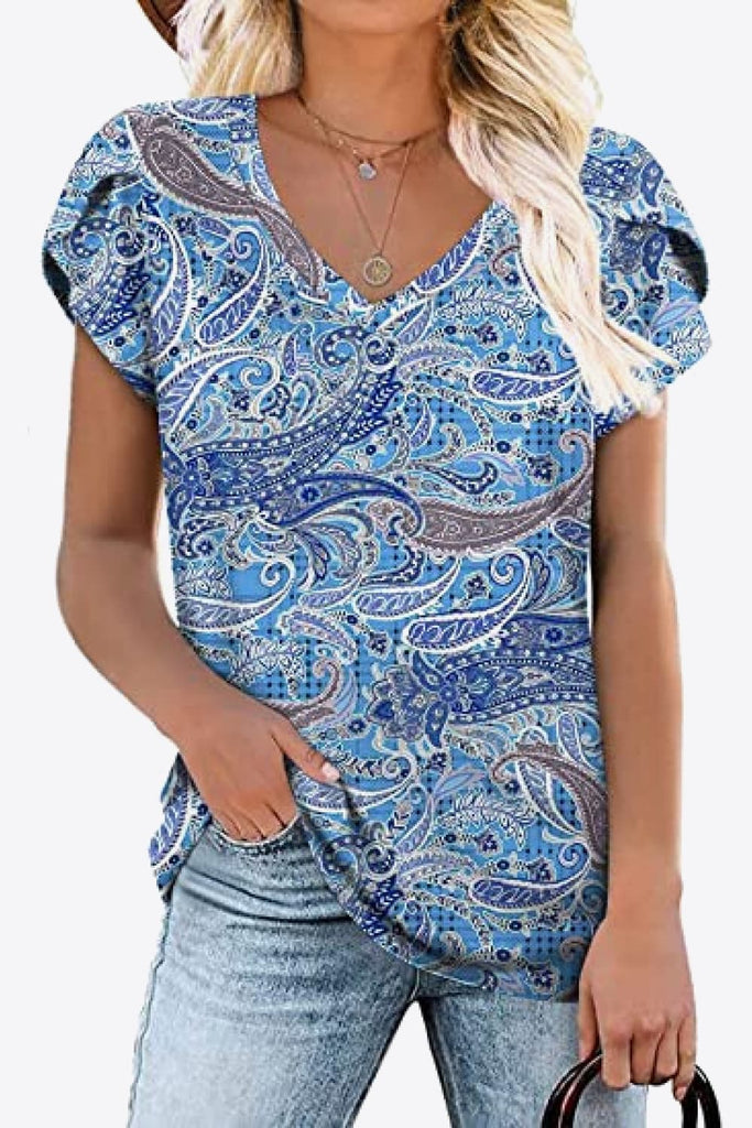 Printed Petal Sleeve V-Neck Blouse-Timber Brooke Boutique, Online Women's Fashion Boutique in Amarillo, Texas