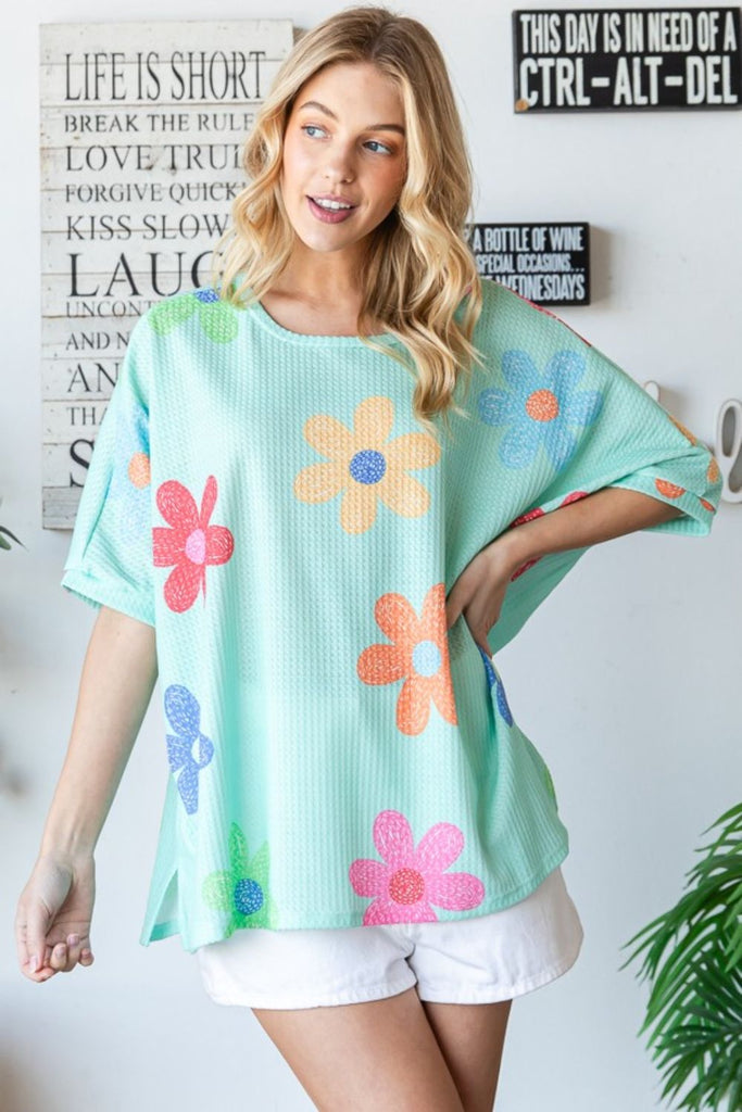 HOPELY Floral Waffle Oversize T-Shirt-Timber Brooke Boutique, Online Women's Fashion Boutique in Amarillo, Texas