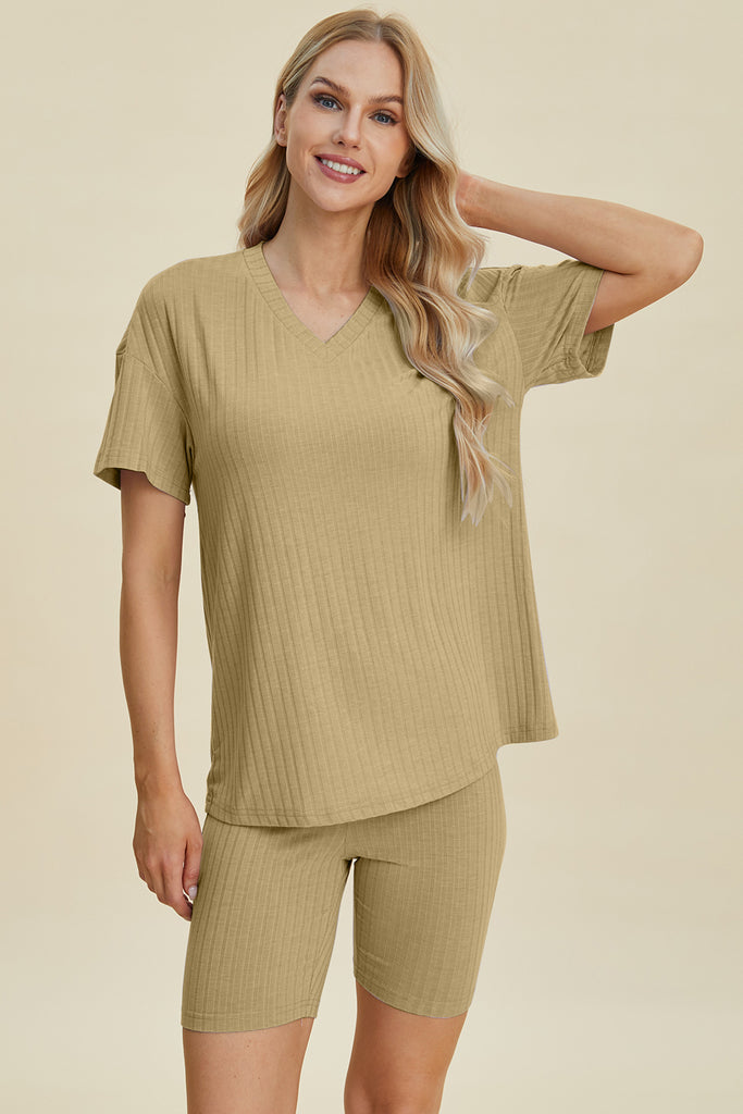 Basic Bae Full Size Ribbed V-Neck Short Sleeve Top and Shorts Set-Timber Brooke Boutique, Online Women's Fashion Boutique in Amarillo, Texas