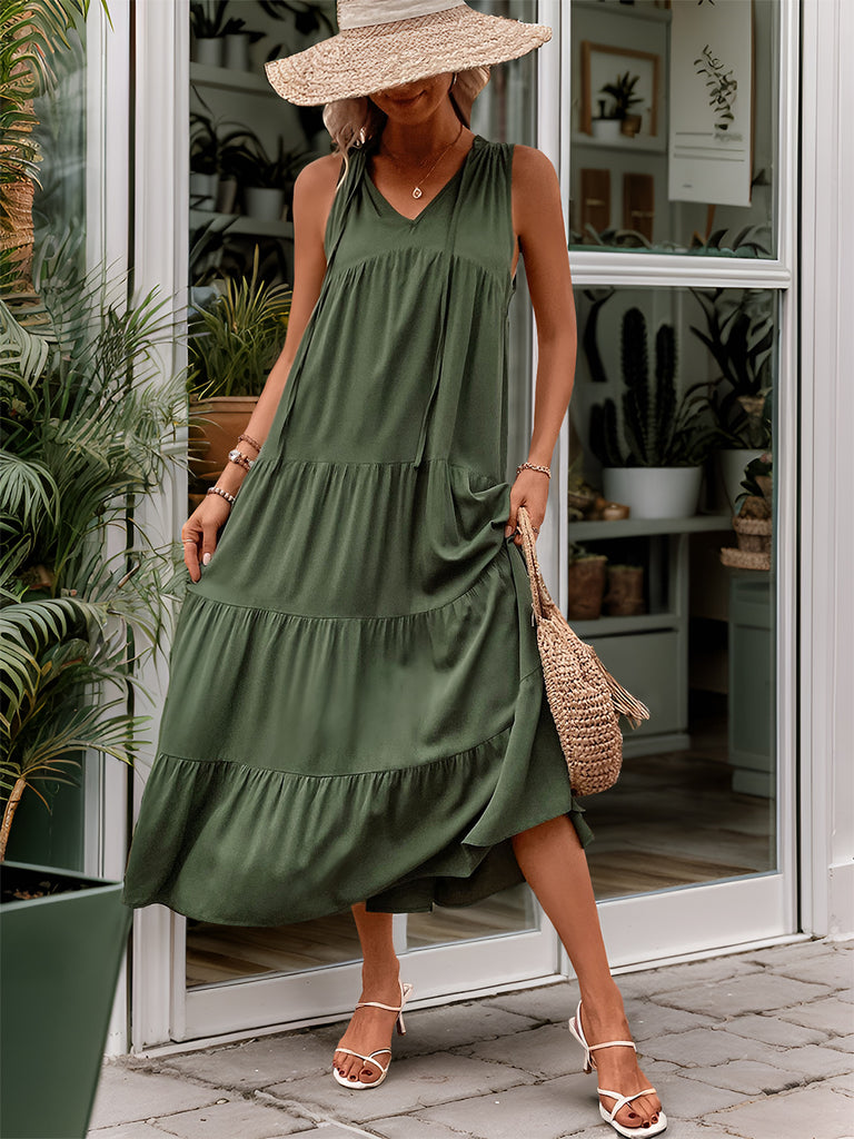 Tiered Tie Neck Midi Dress-Timber Brooke Boutique, Online Women's Fashion Boutique in Amarillo, Texas