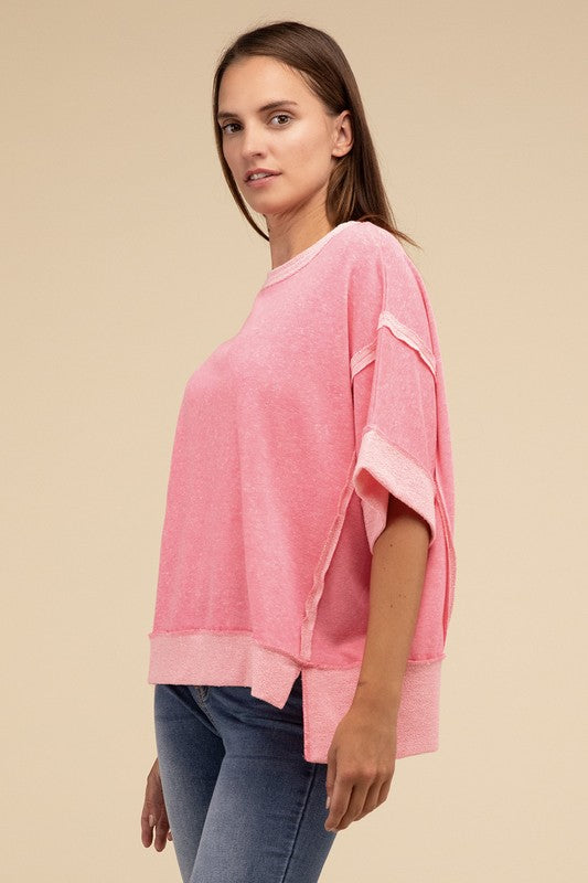 Contrast Trim Top Stitching Drop Shoulder Top-Timber Brooke Boutique, Online Women's Fashion Boutique in Amarillo, Texas