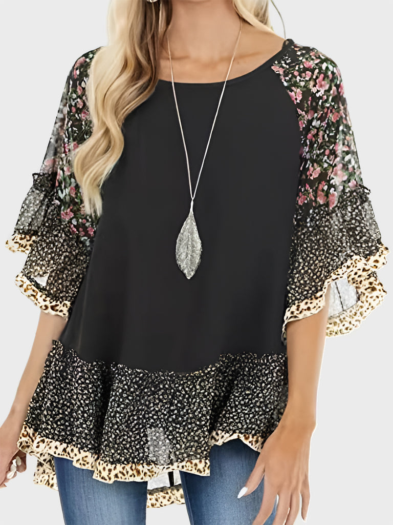 Full Size Frill Printed Round Neck Half Sleeve Blouse-Timber Brooke Boutique, Online Women's Fashion Boutique in Amarillo, Texas